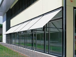 Drop arm awning assembly